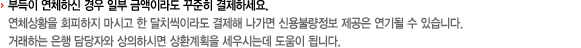 -부득이 연체하신 경우 일부 금액이라도 꾸준히 결제하세요. 연체상황을 회피하지 마시고 한 달치씩이라도 결제해 나가면 신용불량정보 제공은 연기될 수 있습니다. 거래하는 은행 담당자와 상의하시면 상환계획읠 세우시는데 도움이 됩니다.